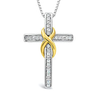 Diamond Cross Necklace in Sterling Silver and 14k Yellow Gold