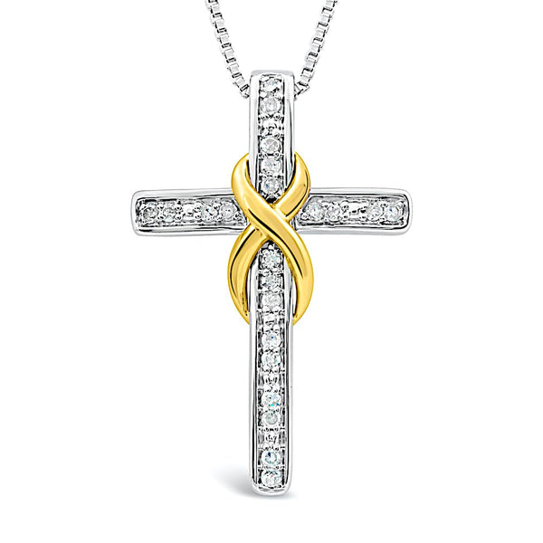 Diamond Cross Necklace in Sterling Silver and 14k Yellow Gold