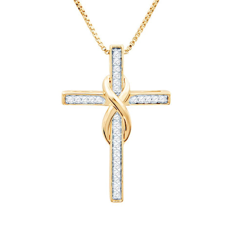 Diamond Cross Necklace in Sterling Silver, 14kt Yellow or Rose Gold Plate, or...