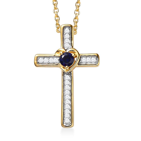 Lab Created Ruby or Blue Sapphire and Diamond Cross Necklace 1/10 cttw in 14k...