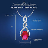 Sterling Silver Lab Created Ruby Necklace Diamond Accents - 7/8 Inch Twist Style 8x6 MM Created Ruby 18 Inch Box Chain