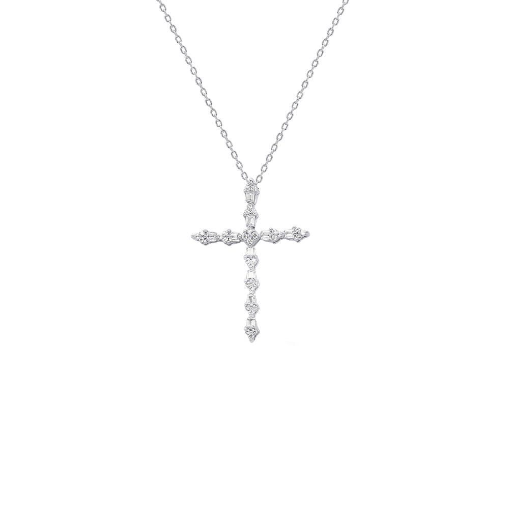 Diamond Cross Necklace 1/4 cttw Round and Baguette Natural Diamonds in Sterli...