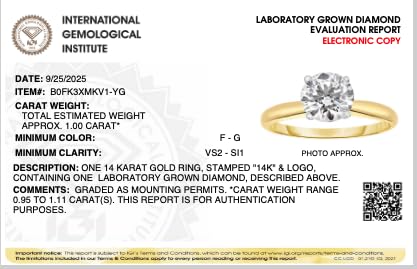 Certified Lab Grown Diamond Engagement Ring 14K White or Yellow Gold 1CT