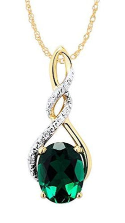 Emerald Necklace Diamond Accent Twist Style in Sterling Silver or 14kt Yellow Gold Plated Silver - 18 Inch Chain