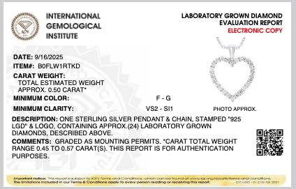 IGI Certified Lab Grown Diamond Heart Necklace | 0.25-0.50 CTTW - Sterling Si...