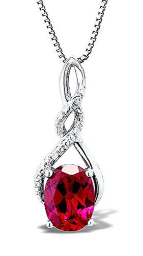 Sterling Silver Lab Created Ruby Necklace Diamond Accents - 7/8 Inch Twist Style 8x6 MM Created Ruby 18 Inch Box Chain