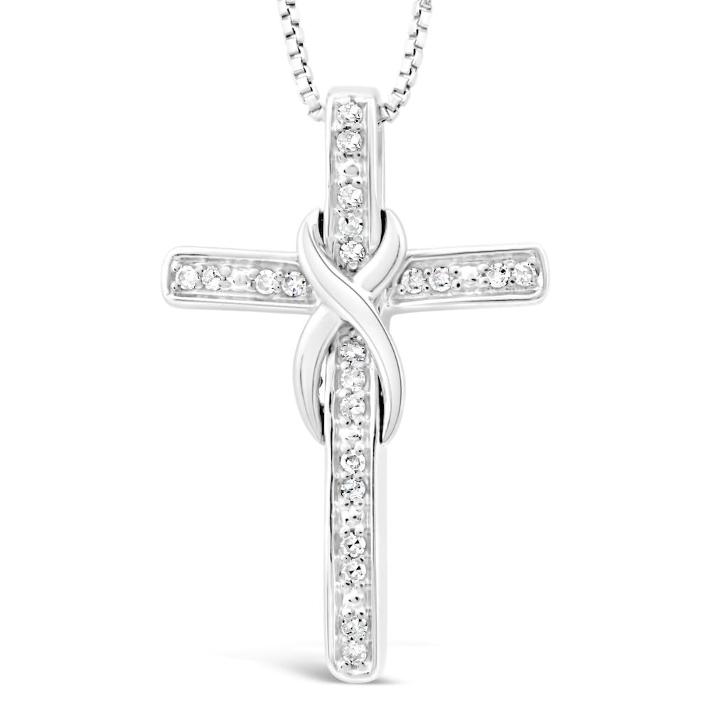 Diamond Cross Necklace Infinity in Sterling Silver - 18 Inch Box Chain