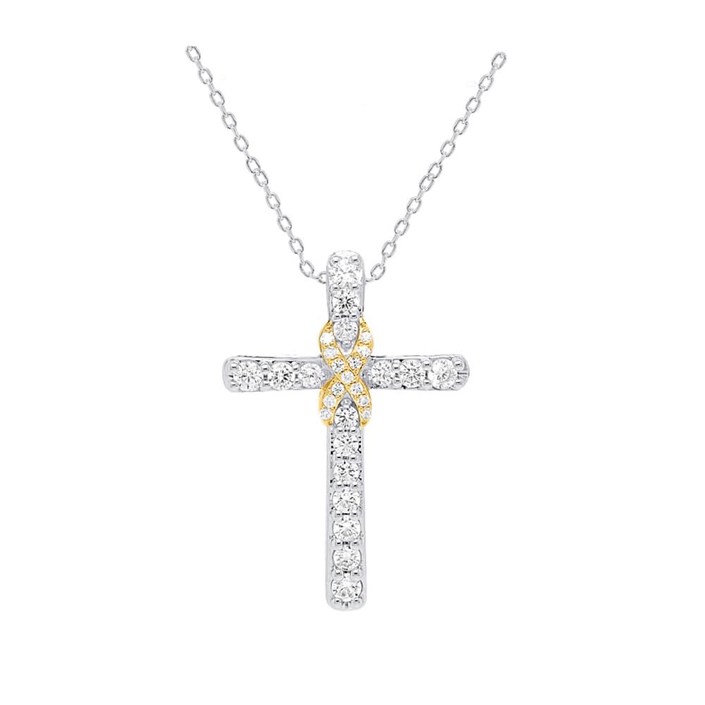 Certified 1/2 to 1CT Lab Grown Diamond Cross Necklace 2-Tone 925 Silver | (F-...