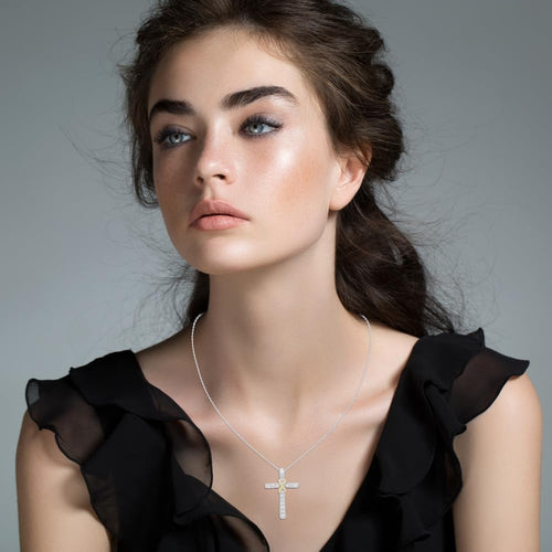 Certified 1/2 to 1CT Lab Grown Diamond Cross Necklace 2-Tone 925 Silver | (F-...