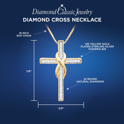 Diamond Cross Necklace Infinity in14K Yellow Gold Plated Sterling Silver - 18...