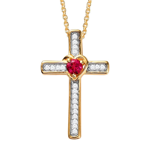 Lab Created Ruby or Blue Sapphire and Diamond Cross Necklace 1/10 cttw in 14k...