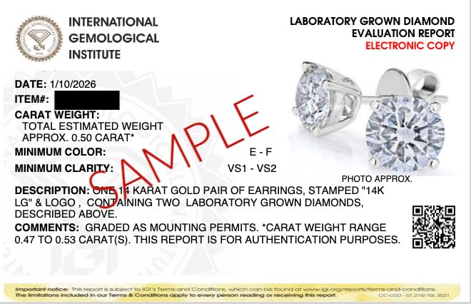 IGI Certified Lab Grown Diamond Stud Earrings 0.50 to 3 CTTW 14K White or Yel...