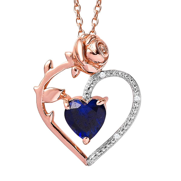 Blue Sapphire Necklace Heart Pendant in 14kt Rose Gold Plated Sterling Silver