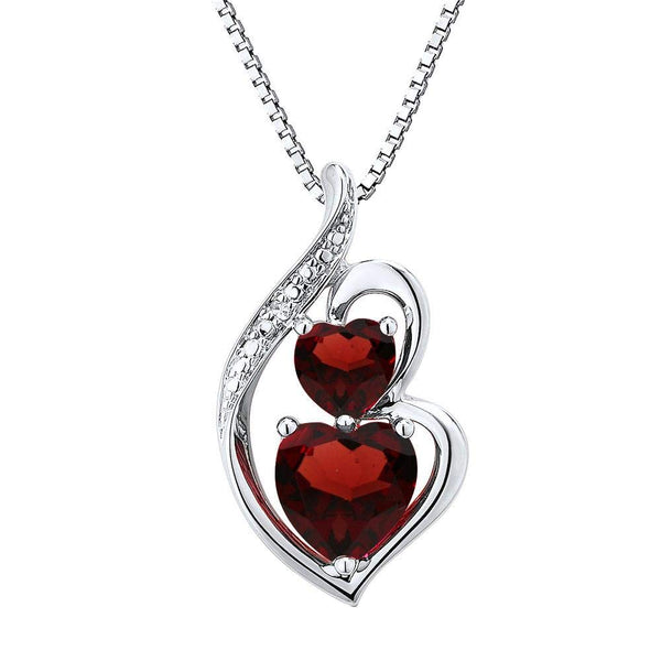 Garnet Necklace Heart Pendant in Silver Silver with Diamond Accent - 18 Inch Box Chain