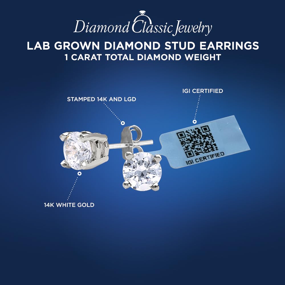 Certified Lab Grown Diamond Stud Earrings 14K Gold | IGI Certificate F-G Colo...