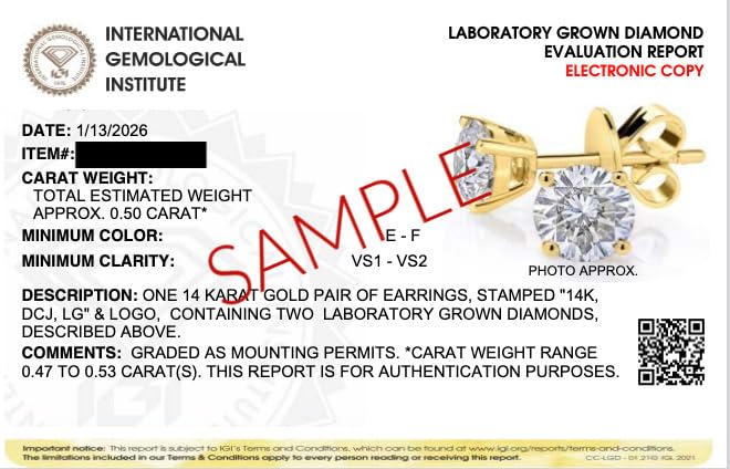 IGI Certified Lab Grown Diamond Stud Earrings 0.50 to 3 CTTW 14K White or Yel...