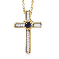 Lab Created Blue Sapphire and Diamond Cross Necklace 1/10 cttw in 14k Gold Plated Sterling Silver