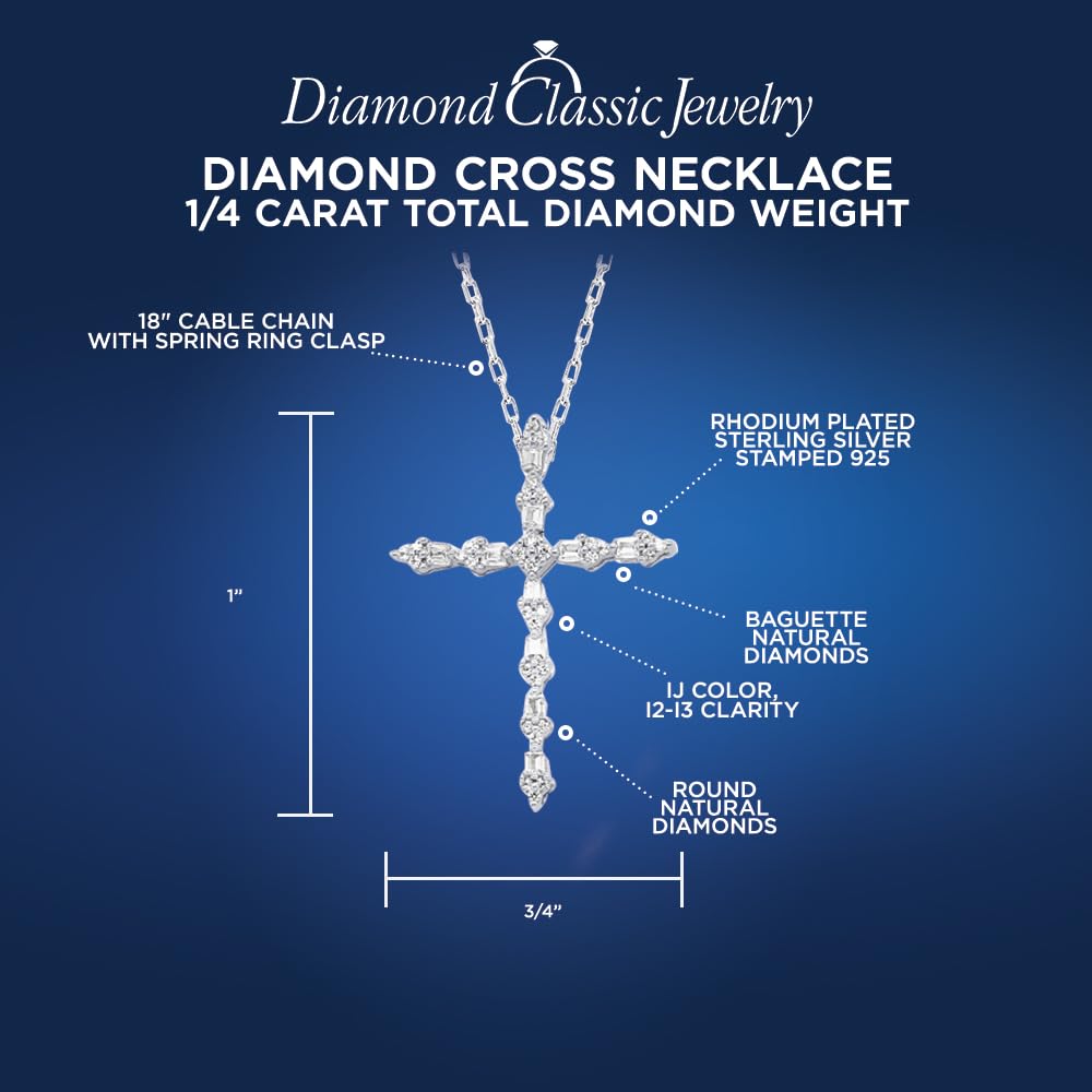 Diamond Cross Necklace 1/4 cttw Round and Baguette Natural Diamonds in Sterli...