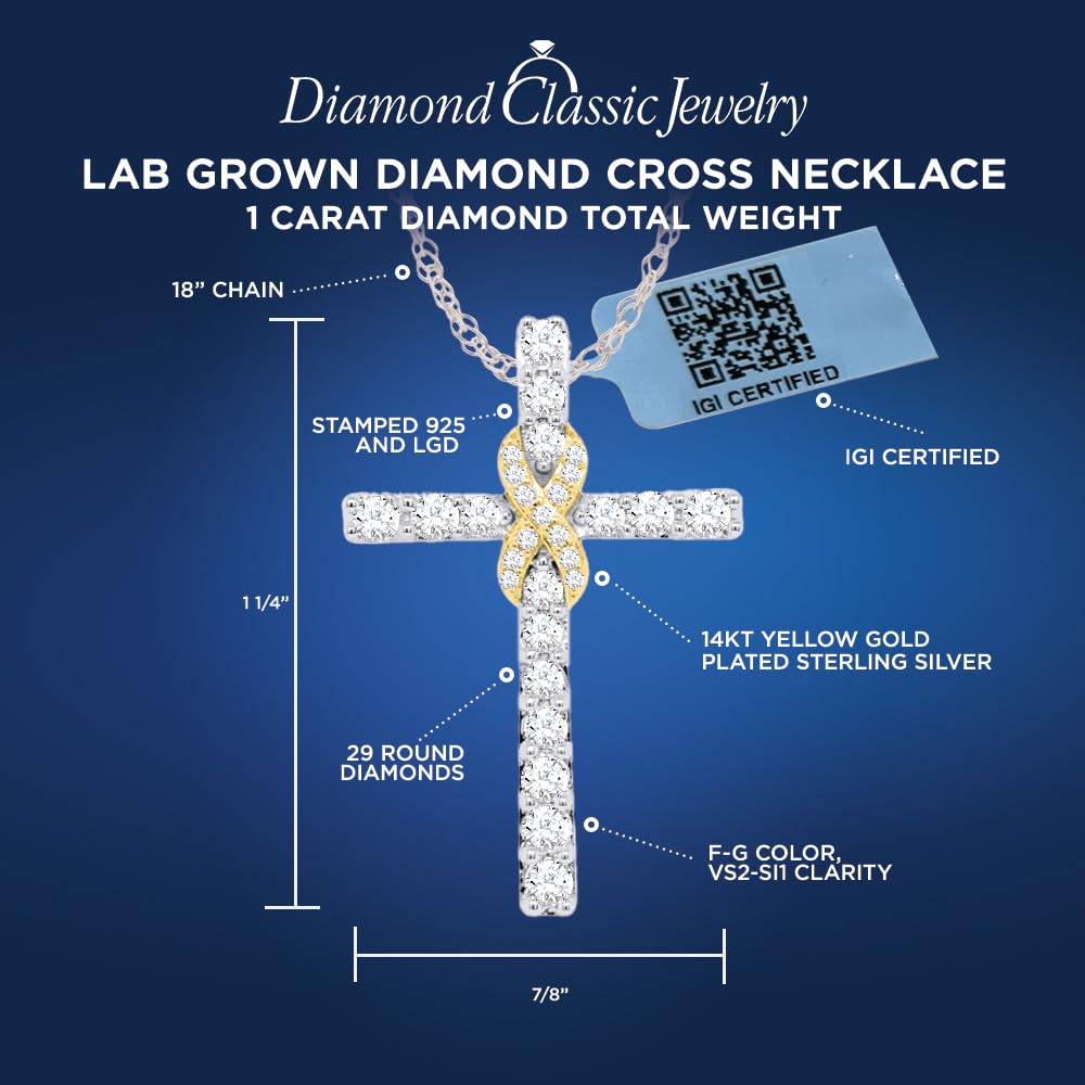 Certified 1/2 to 1CT Lab Grown Diamond Cross Necklace 2-Tone 925 Silver | (F-...