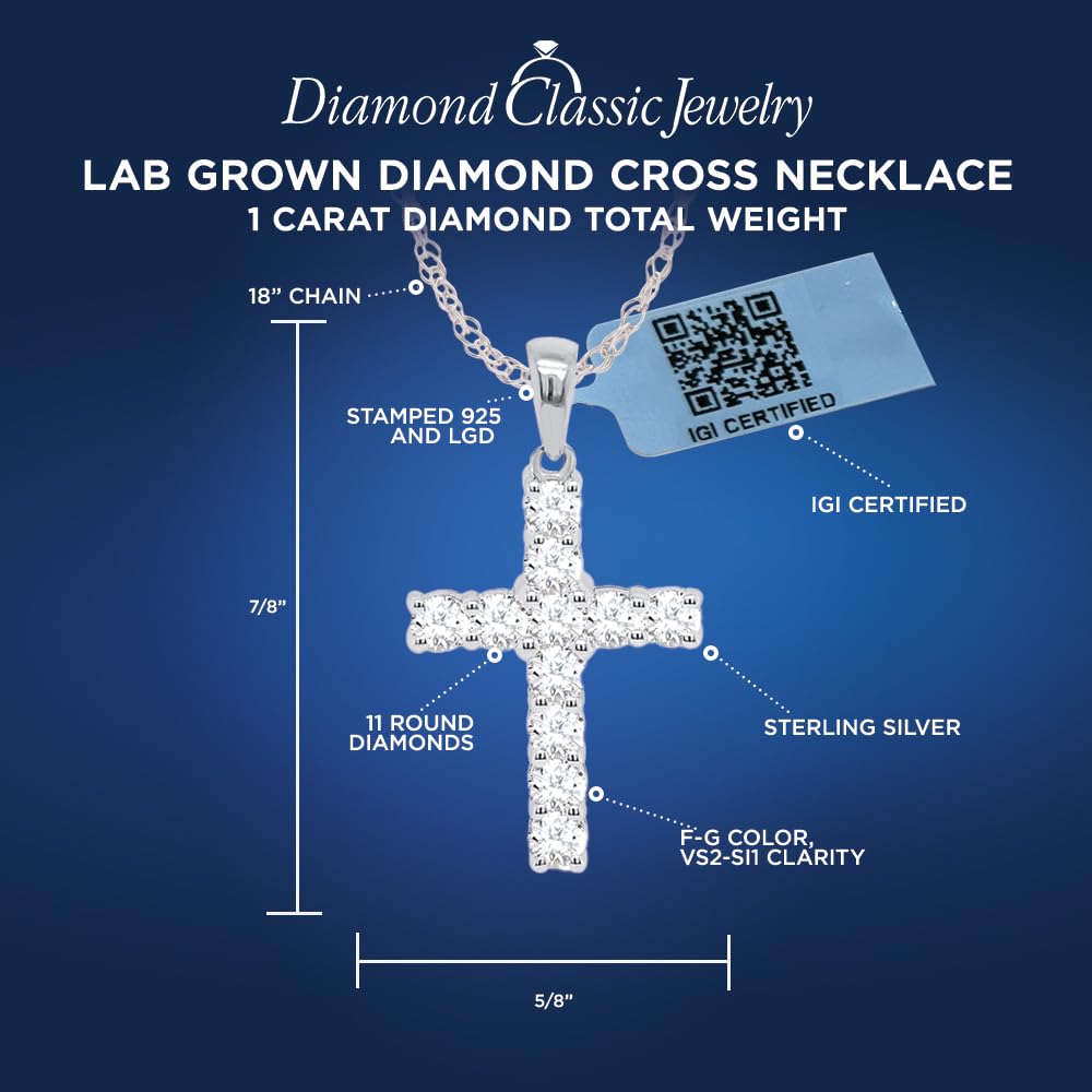 Certified Lab Grown Diamond Cross Necklace 925 or 14K Gold Plated Silver | 1/...