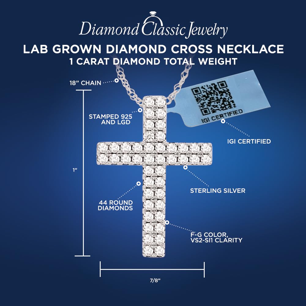 Certified Lab Grown Diamond Cross Necklace 925 Silver or Gold Plated | 1 Cara...