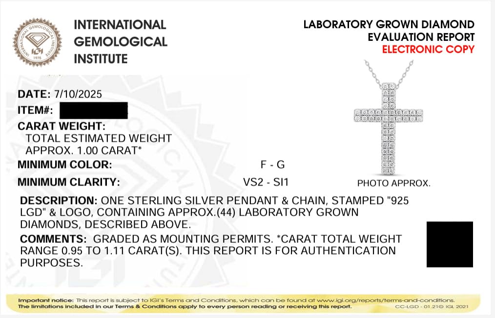 Certified Lab Grown Diamond Cross Necklace 925 Silver or Gold Plated | 1 Cara...
