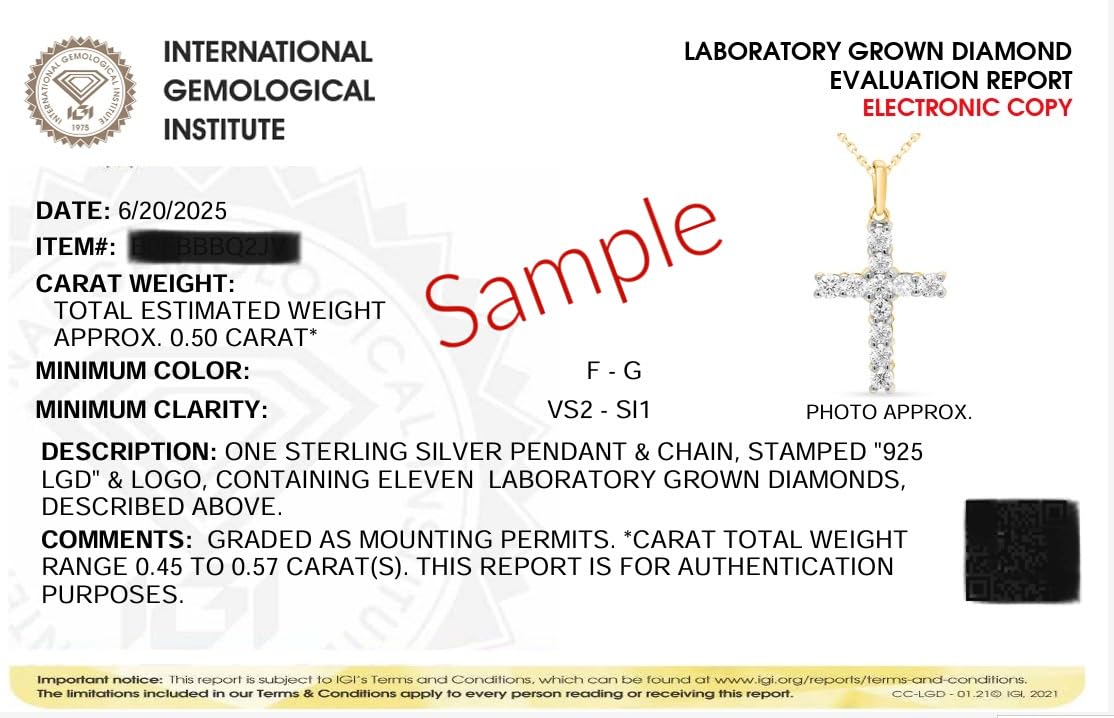 Certified Lab Grown Diamond Cross Necklace 925 or 14K Gold Plated Silver | 1/...