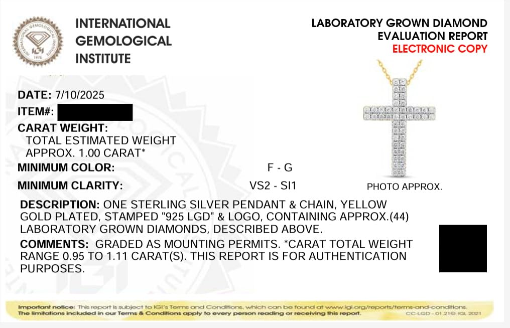 Certified Lab Grown Diamond Cross Necklace 925 Silver or Gold Plated | 1 Cara...
