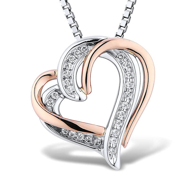 Diamond Heart Necklace 1/10 cttw Natural Diamonds in Sterling Silver and plated 14k Rose Gold