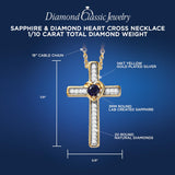 Lab Created Blue Sapphire and Diamond Cross Necklace 1/10 cttw in 14k Gold Plated Sterling Silver