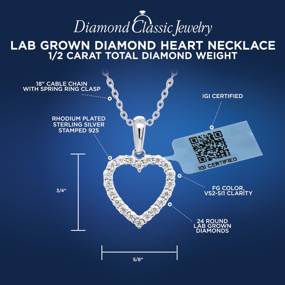 IGI Certified Lab Grown Diamond Heart Necklace | 0.25-0.50 CTTW - Sterling Si...