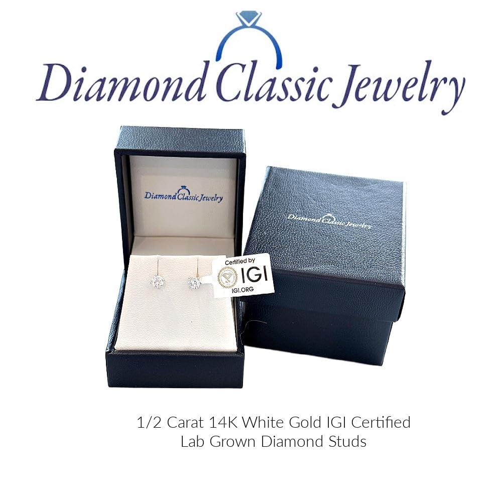 IGI Certified Lab Grown Diamond Stud Earrings 0.50 to 3 CTTW 14K White or Yel...