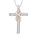 Diamond Cross Necklace in Sterling Silver and 14k Rose Gold Plate