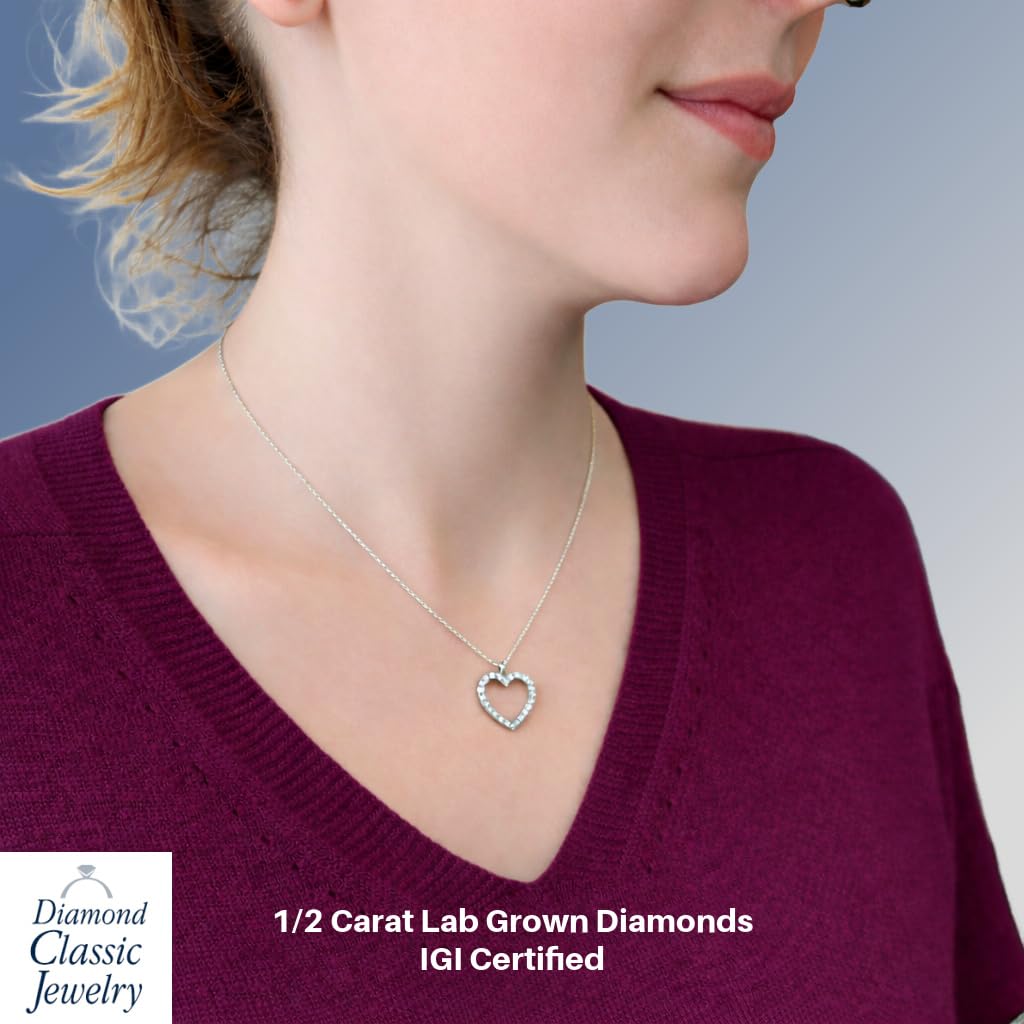 IGI Certified Lab Grown Diamond Heart Necklace | 0.25-0.50 CTTW - Sterling Si...