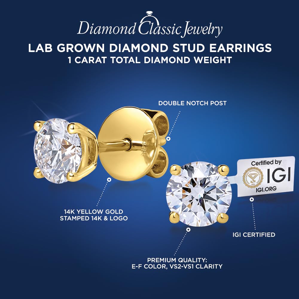 IGI Certified Lab Grown Diamond Stud Earrings 0.50 to 3 CTTW 14K White or Yel...
