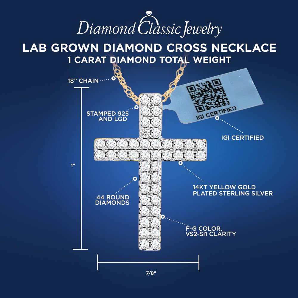 Certified Lab Grown Diamond Cross Necklace 925 Silver or Gold Plated | 1 Cara...