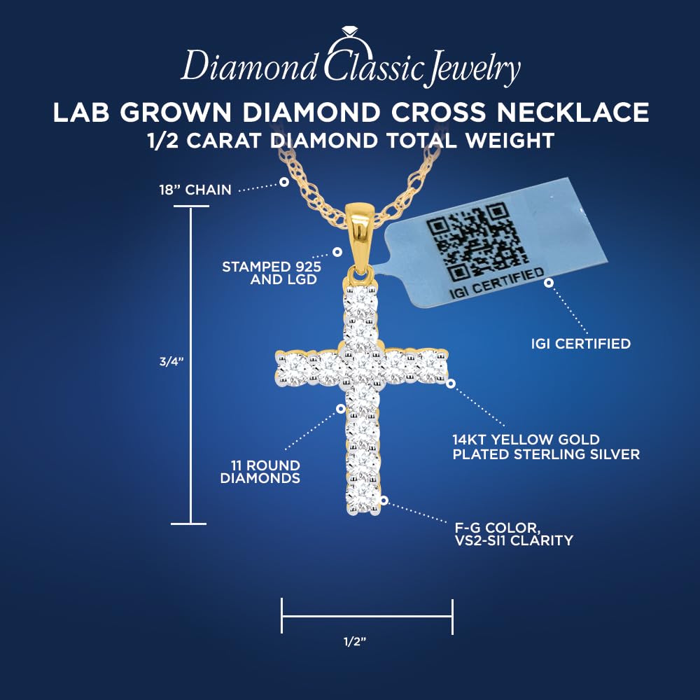 Certified Lab Grown Diamond Cross Necklace 925 or 14K Gold Plated Silver | 1/...
