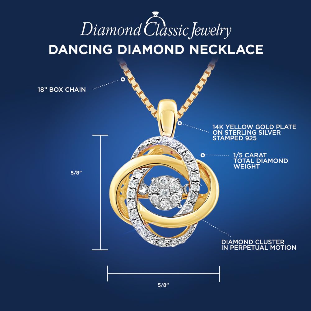 Diamond Necklace Dancing Diamond 1/5 CTTW Love Knot14kt Yellow Gold Plated Si...