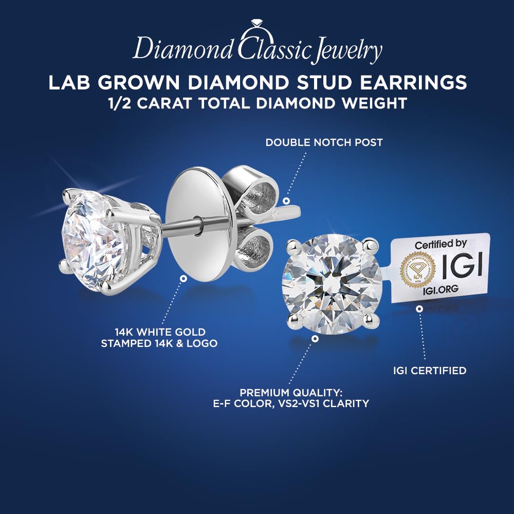IGI Certified Lab Grown Diamond Stud Earrings 0.50 to 3 CTTW 14K White or Yel...