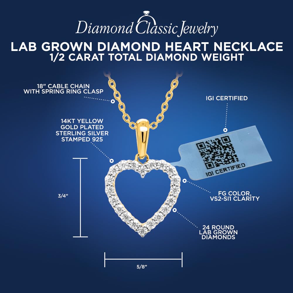IGI Certified Lab Grown Diamond Heart Necklace 1/4 to 1/2 CTTW in Sterling Si...