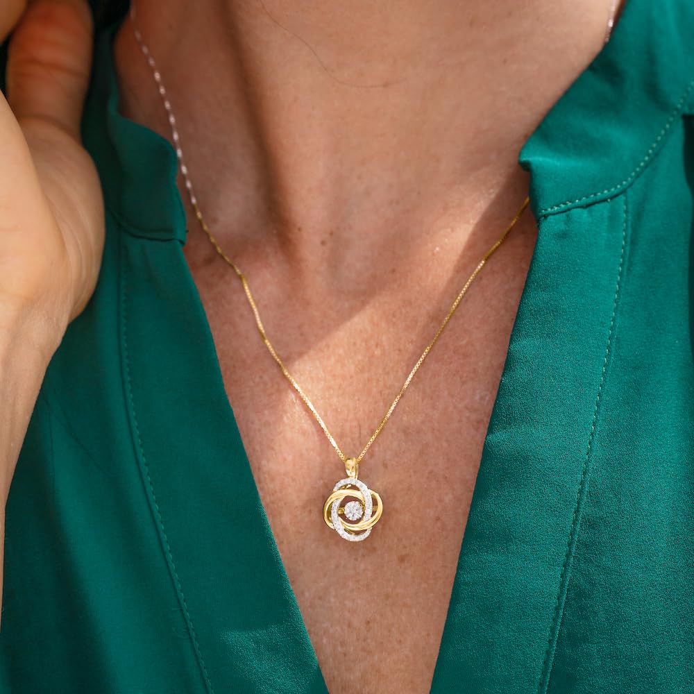 Diamond Necklace Dancing Diamond 1/5 CTTW Love Knot14kt Yellow Gold Plated Si...