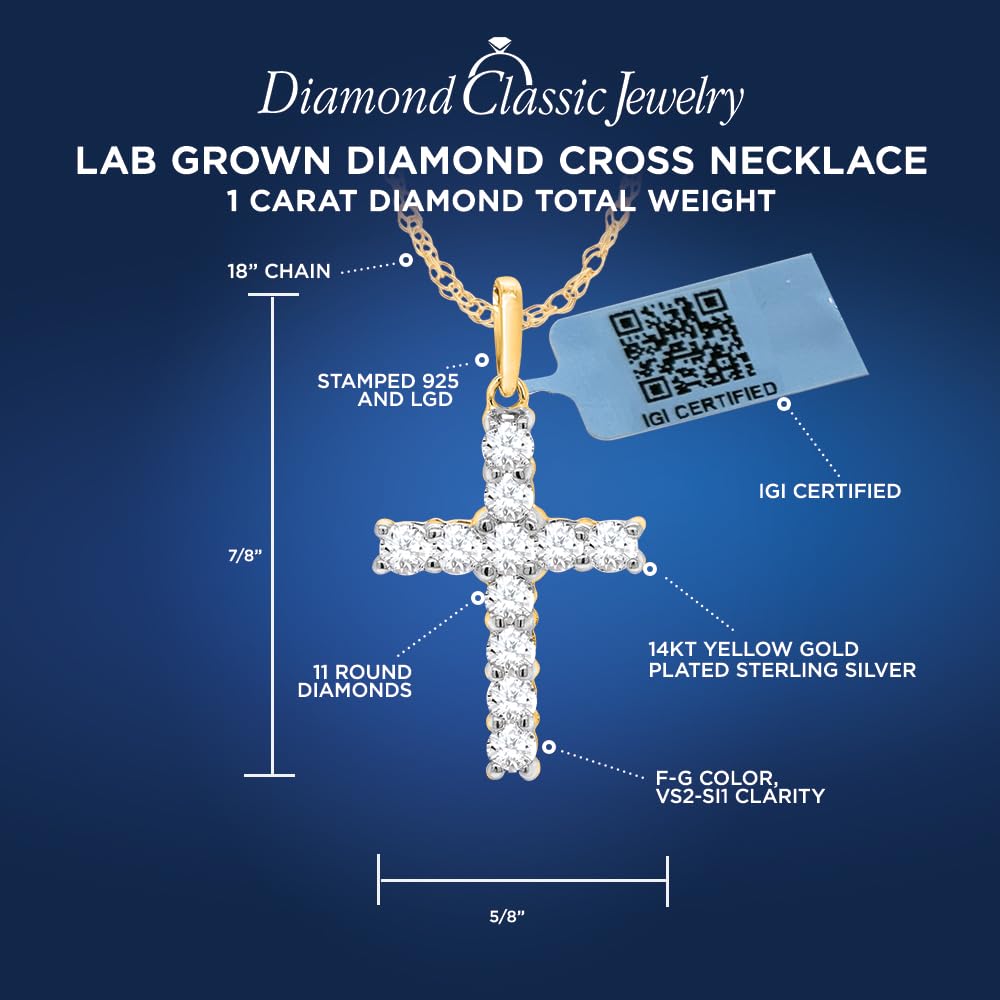 Certified Lab Grown Diamond Cross Necklace 925 or 14K Gold Plated Silver | 1/...