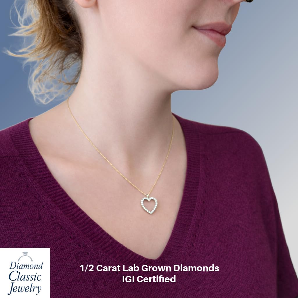 IGI Certified Lab Grown Diamond Heart Necklace 1/4 to 1/2 CTTW in Sterling Si...