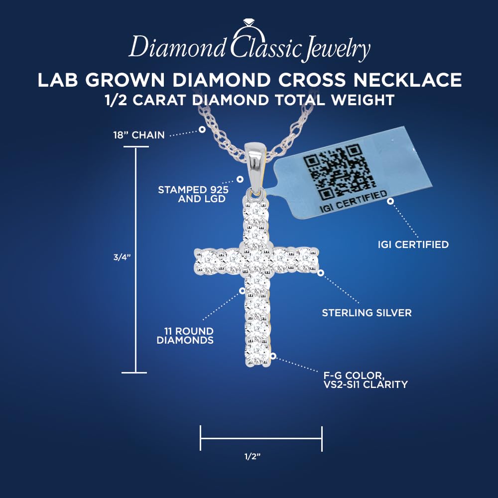 Certified Lab Grown Diamond Cross Necklace 925 or 14K Gold Plated Silver | 1/...