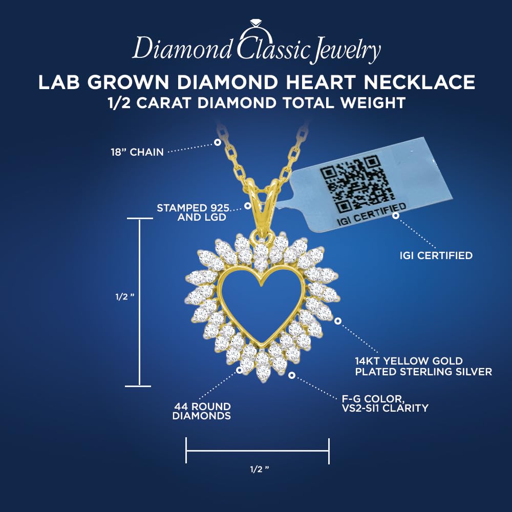 Certified Lab Grown Diamond Heart Necklace in Sterling Silver or 14k Plate | ...