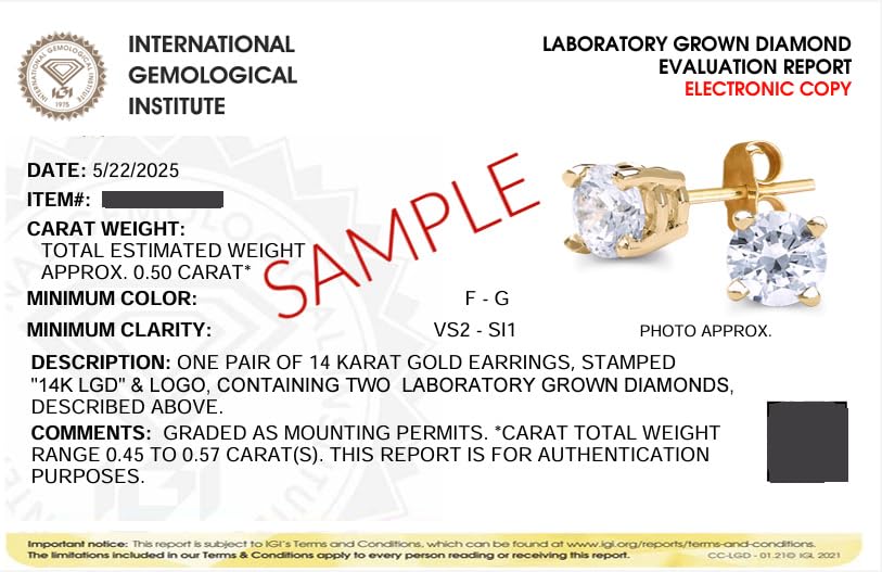 IGI Certified Lab Grown Diamond Stud Earrings 0.50 to 3 CTTW 14K Yellow or Wh...