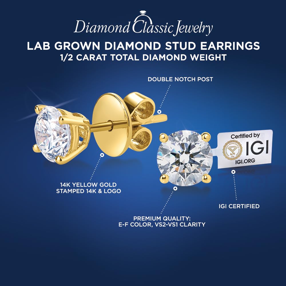 IGI Certified Lab Grown Diamond Stud Earrings 0.50 to 3 CTTW 14K White or Yel...