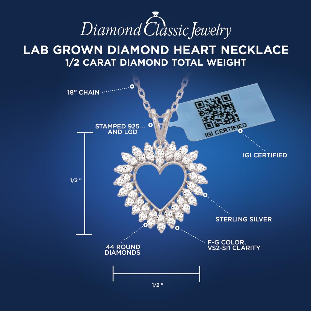 Certified Lab Grown Diamond Heart Necklace in Sterling Silver or 14k Plate | ...