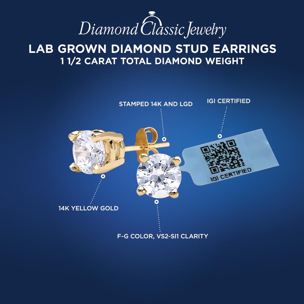 IGI Certified Lab Grown Diamond Stud Earrings 0.50 to 3 CTTW 14K Yellow or Wh...