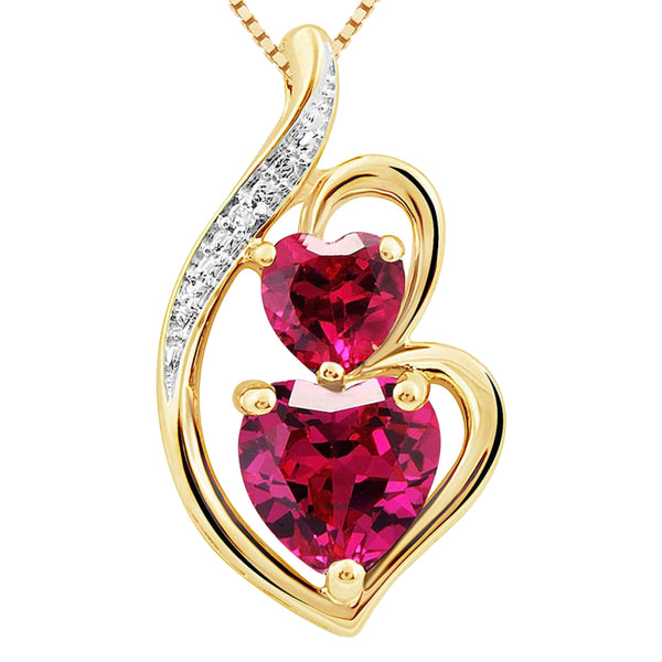 Lab Created Ruby Necklace Heart Shape with Natural Diamond Accent in 14k Yell...